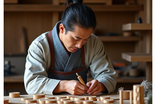 伝統工芸士が真剣な表情で木工品を制作する様子